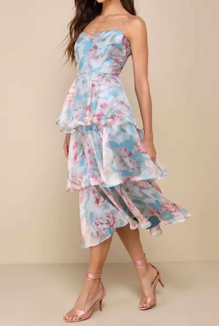 Lulus Darling Aesthetic Blue Floral Print Tiered Midi Dress - Size XS